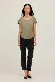 Sage green jersey tee with a wide scoop neckline