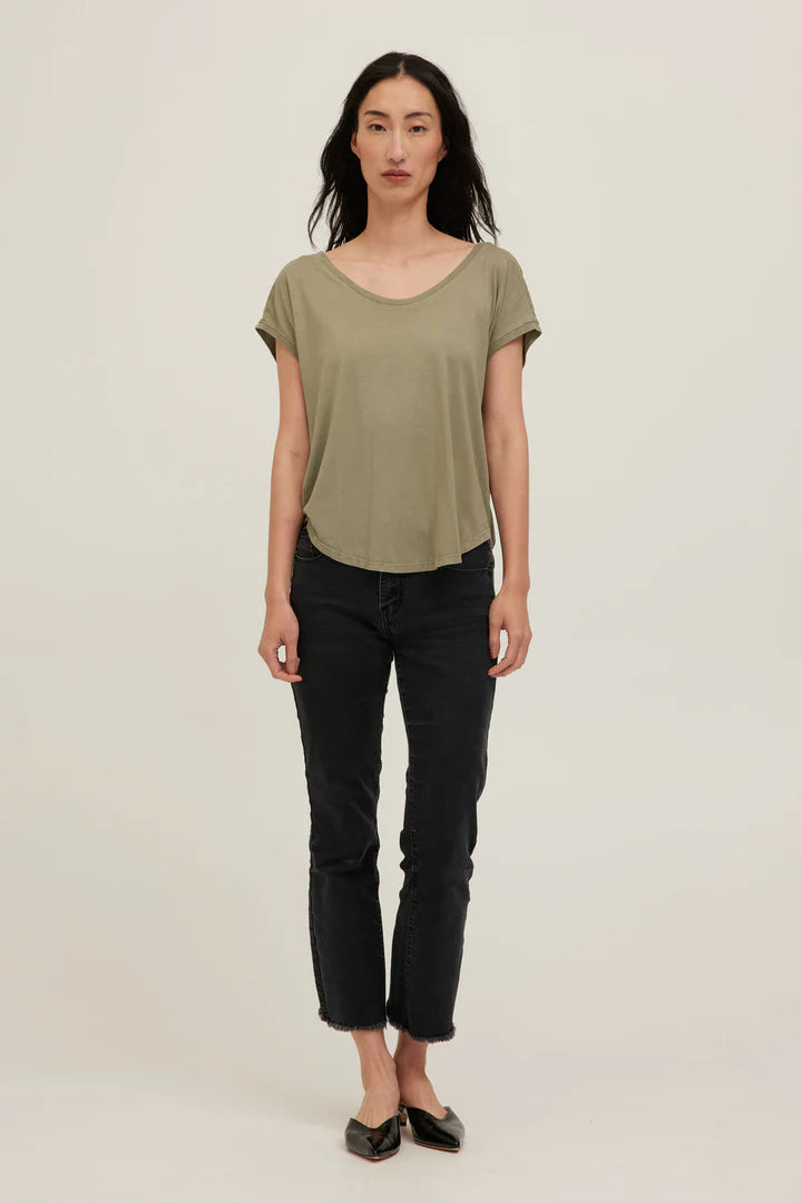 Sage green jersey tee with a wide scoop neckline