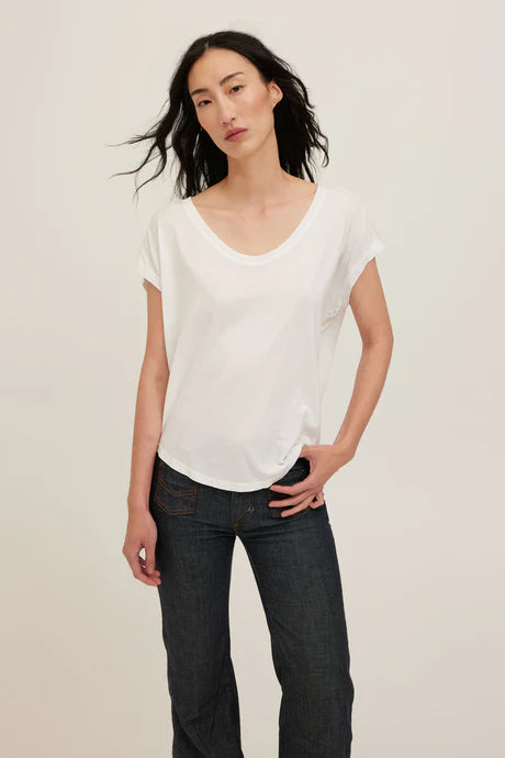 White jersey tee with a wide scoop neckline