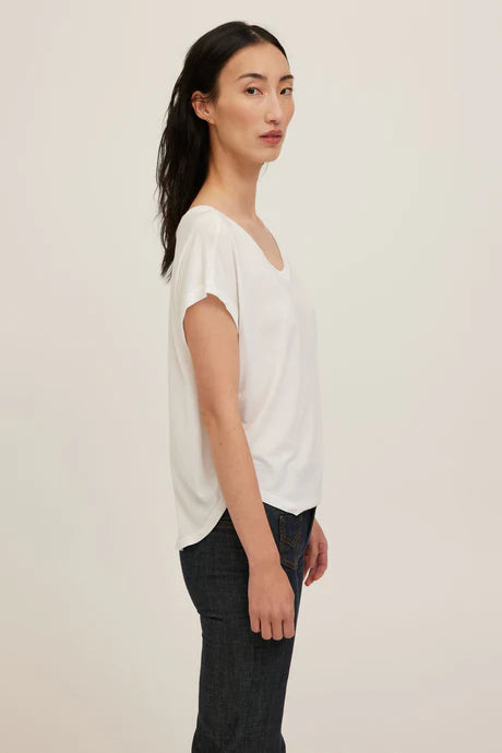 White jersey tee with a wide scoop neckline
