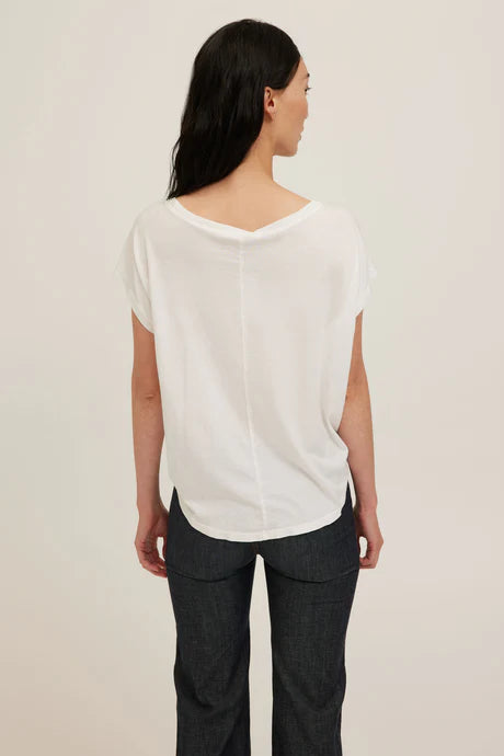 White jersey tee with a wide scoop neckline
