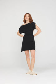 black mini dress off the shoulder with ribbed waist 