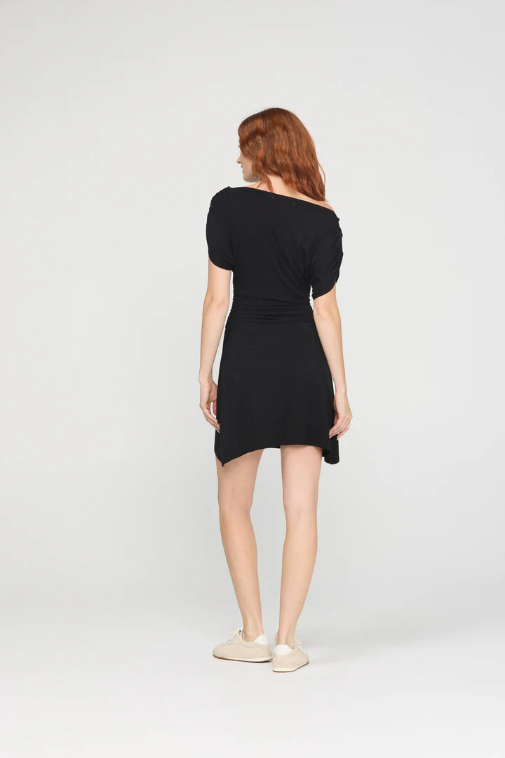 black mini dress off the shoulder with ribbed waist 