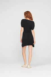 black mini dress off the shoulder with ribbed waist 