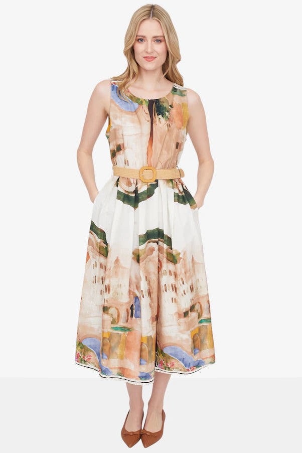white dress with artistic print. 