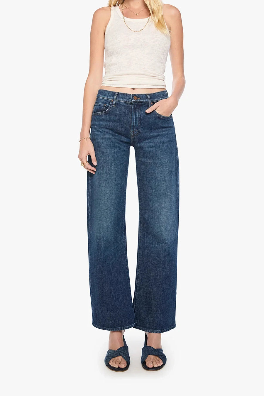 mid rise dark wash wide leg blue jeans 