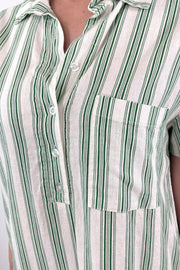 Close-up of women wearing a light green and white shirt dress with collar