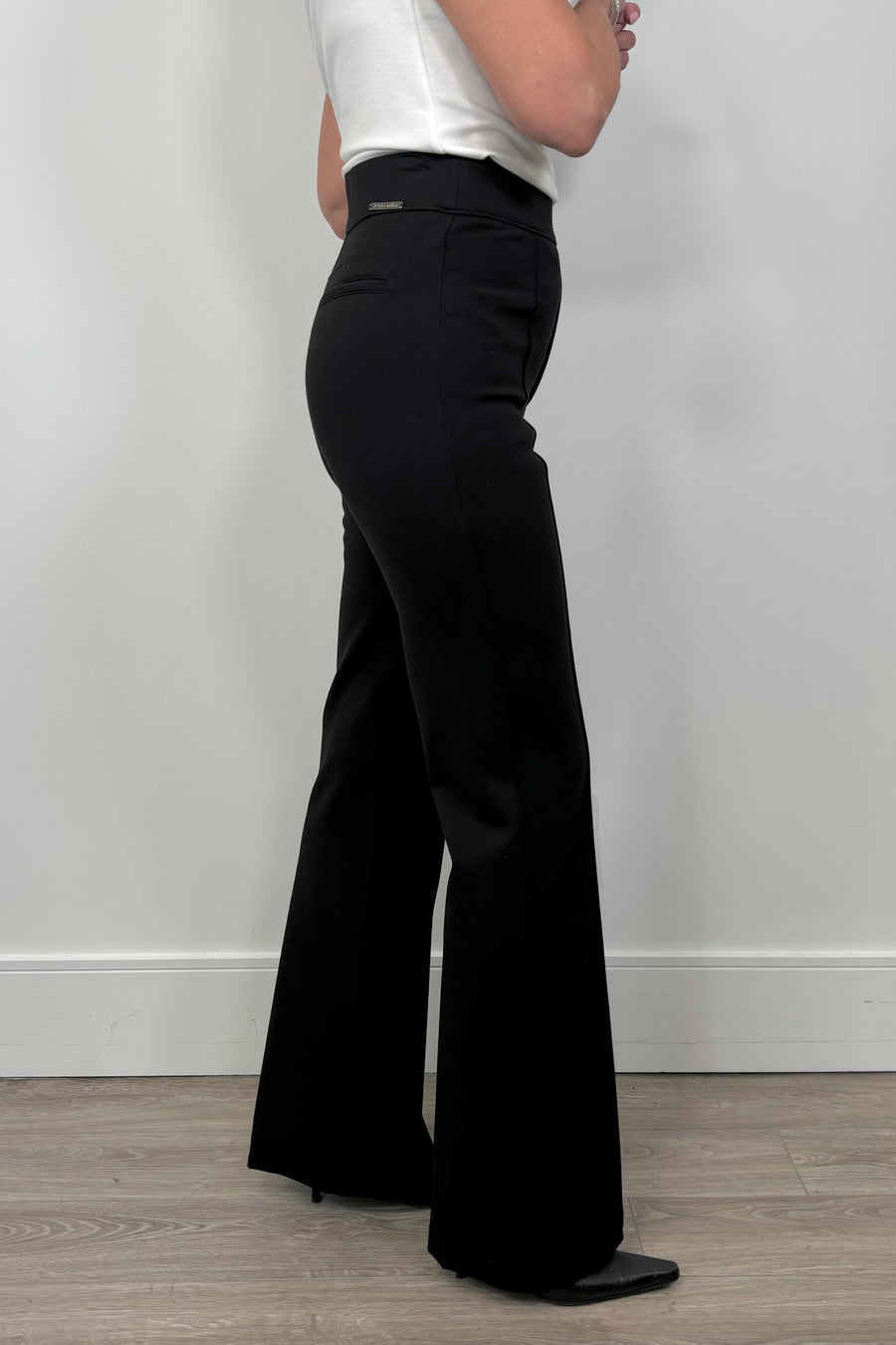 close-up of a black ponte bootcut pant