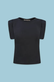 A black short-sleeve top with structured, padded shoulders, displayed flat against a solid light blue background.