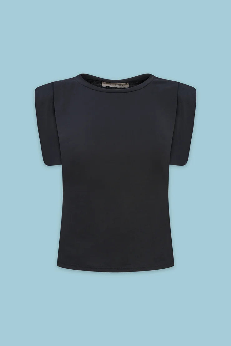 A black short-sleeve top with structured, padded shoulders, displayed flat against a solid light blue background.