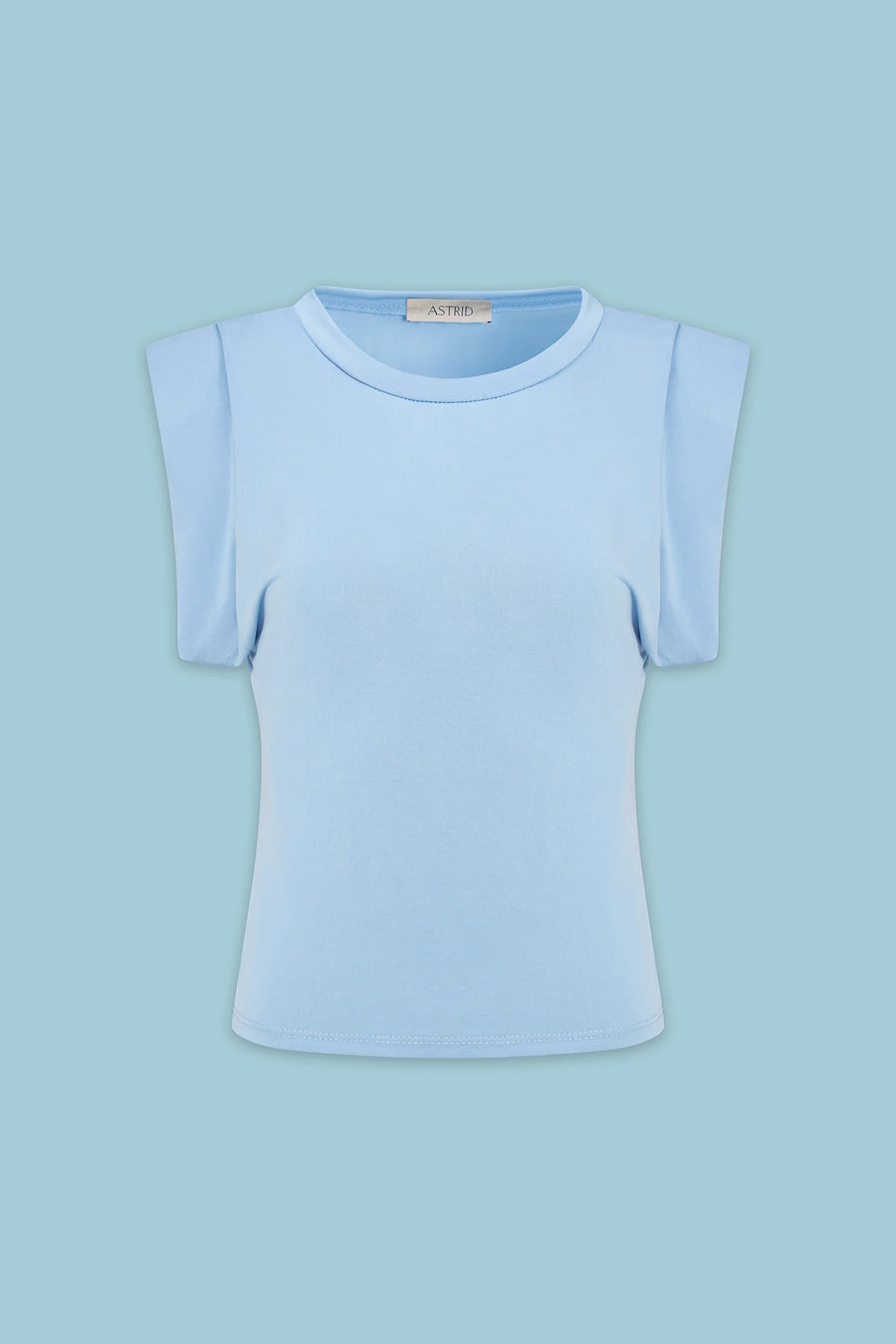 Light blue short-sleeve top with a crew neckline and structured shoulder detail, front