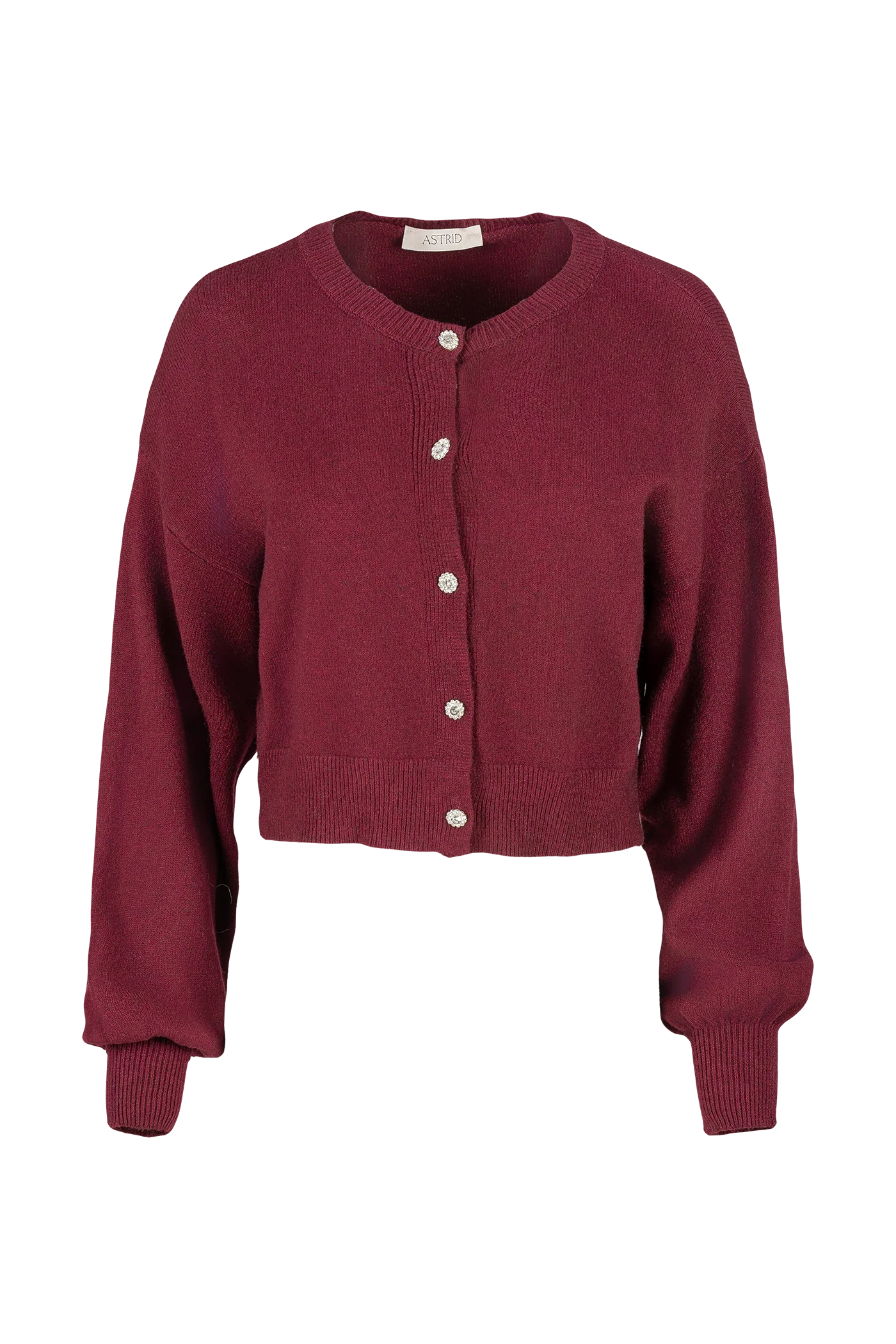Red wine cardigan with white buttons on a white background