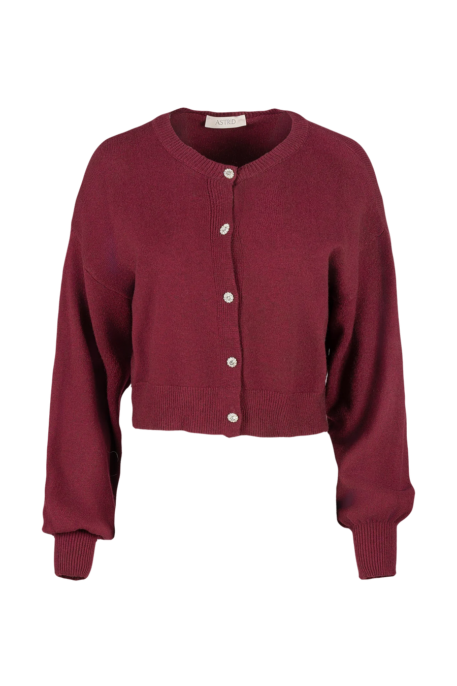 Red wine cardigan with white buttons on a white background