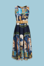Sleeveless midi dress with an abstract multicolor print, fitted waist, and wide woven belt, front