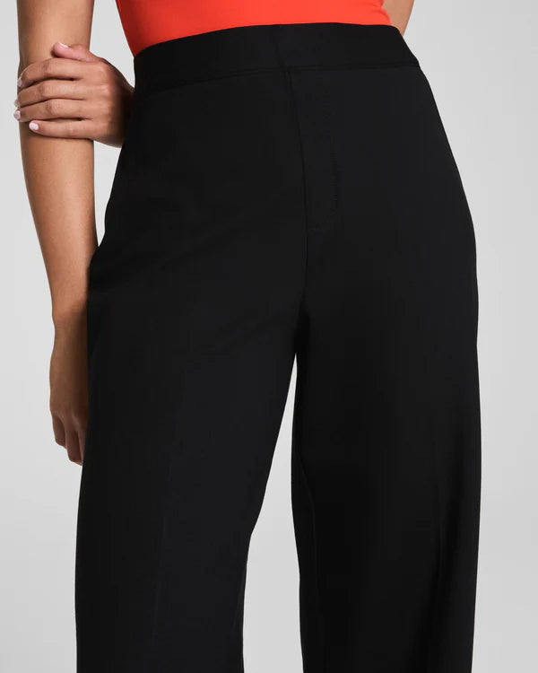 close-up of black wide leg pants