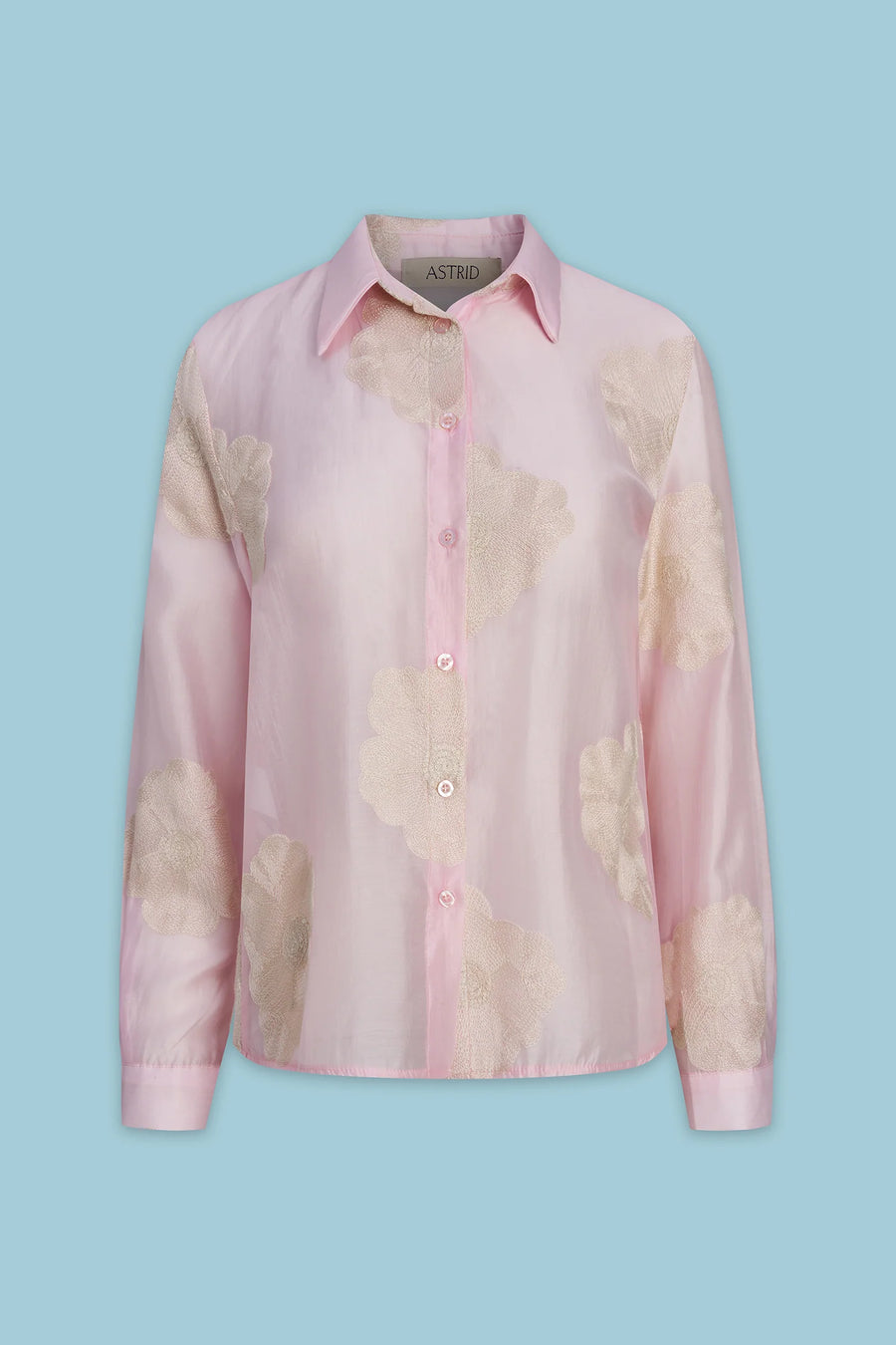  light pink blouse with embroidered white floral print allover