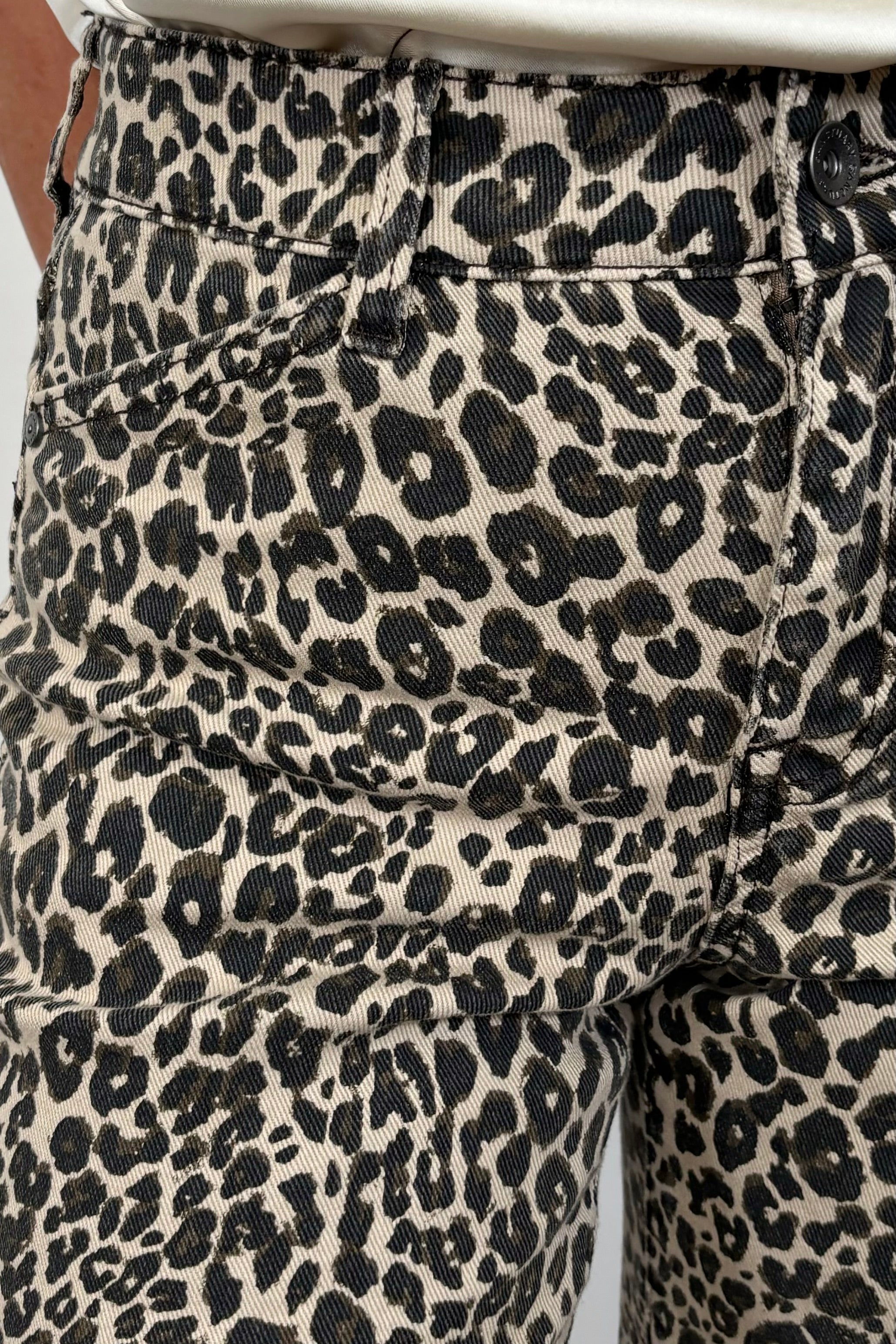 Close-up of a pair of leopard print jeans