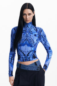 Desigual Butterfly Mock Neck Top in Azul