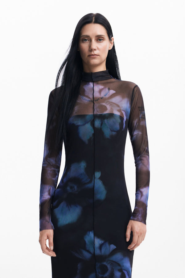 Desigual Long Sleeve Mock Neck Mesh Dress