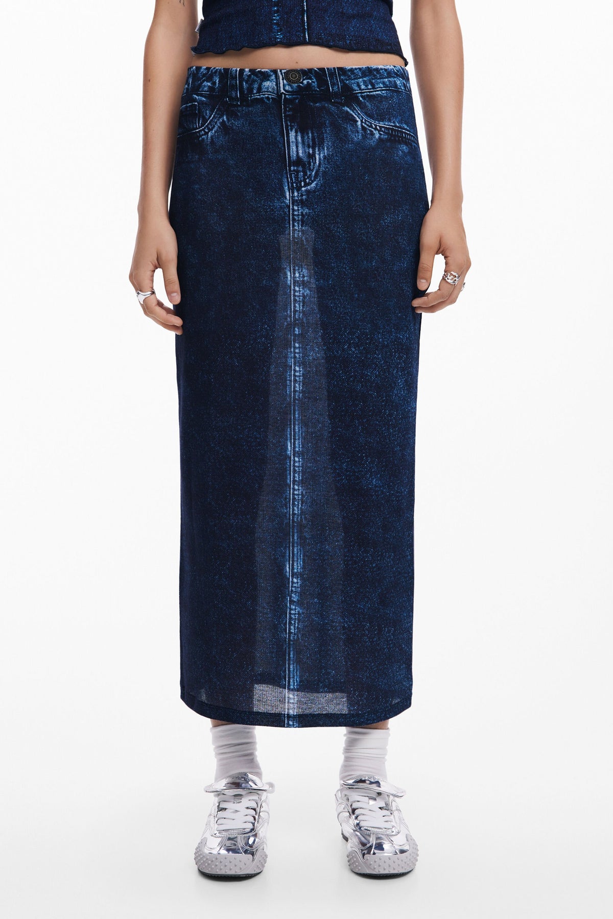 Desigual Shakespeare Denim Illusion Mesh Midi Skirt