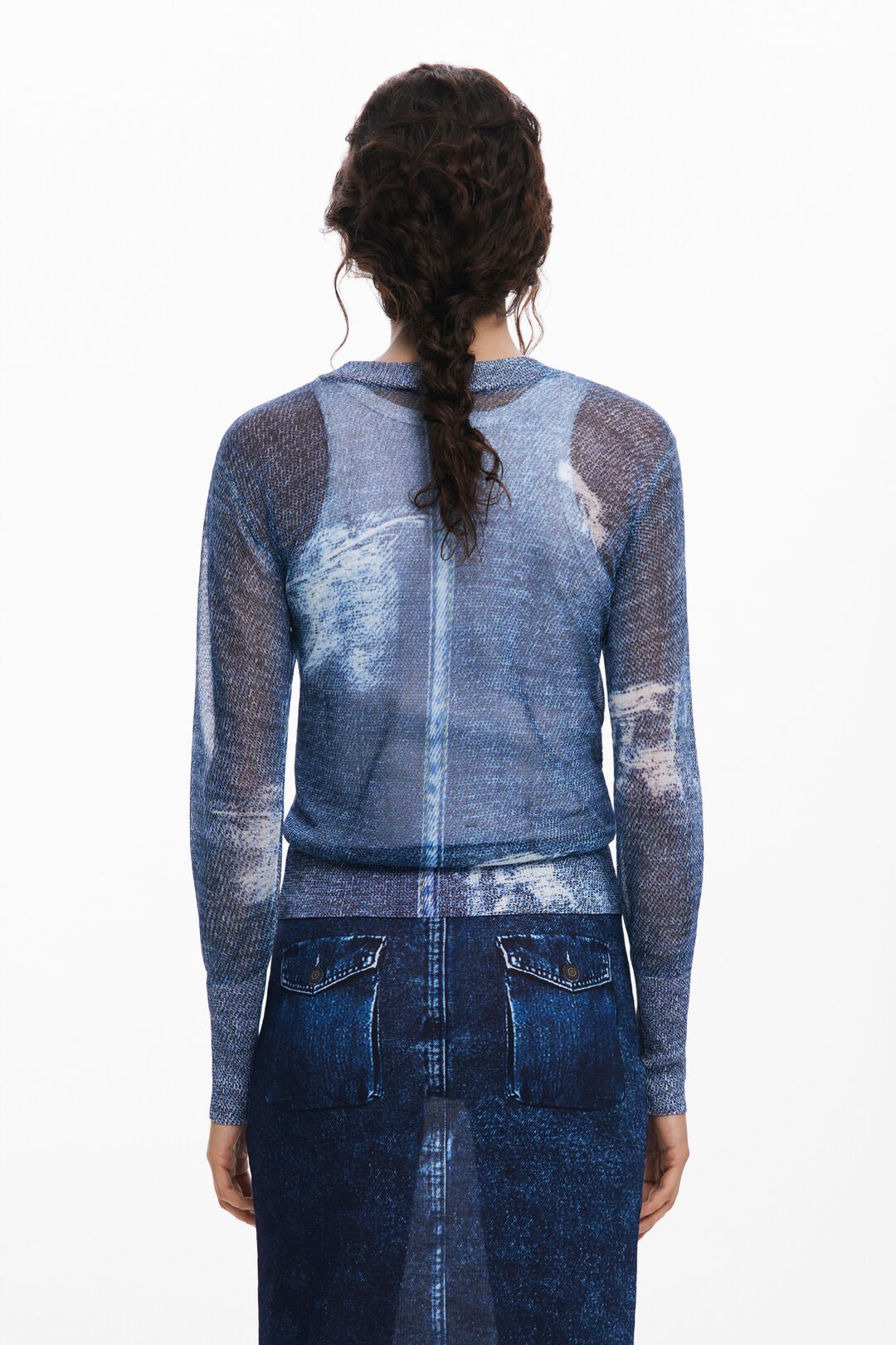 Desigual Denim Illusion Sheer Knit Top