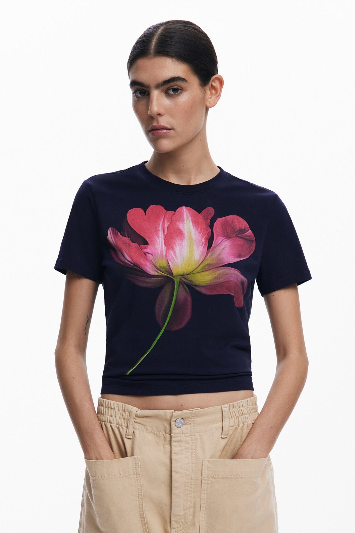 Desigual Plata Flower Front Crew Neck T-Shirt in Navy