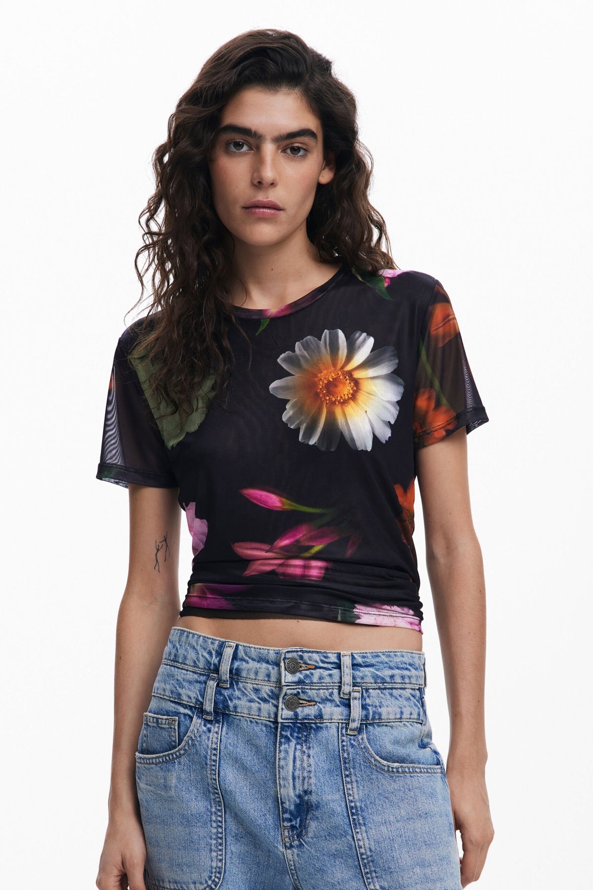 Desigual Moines Floral Print Mesh Top