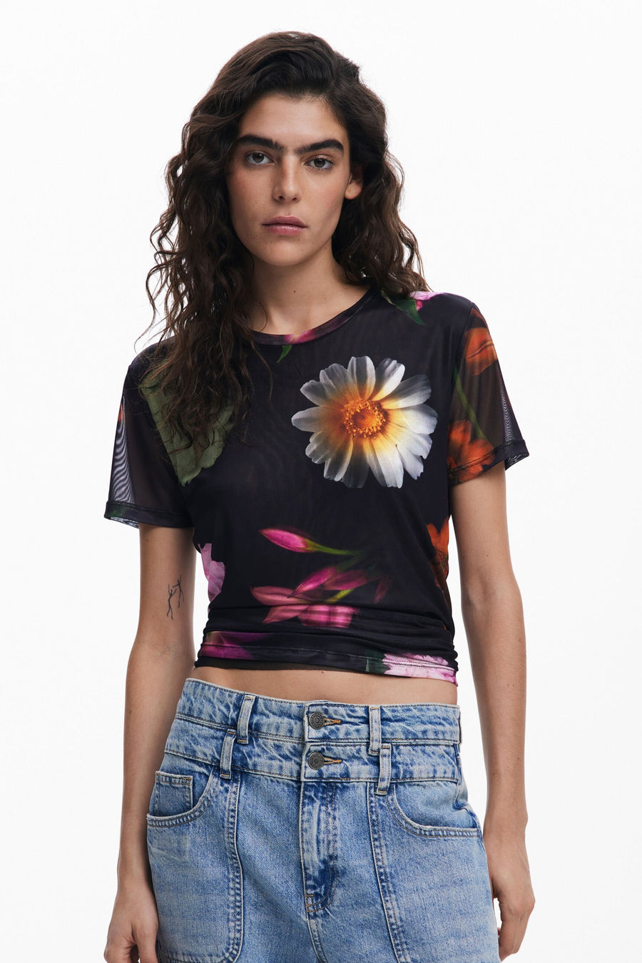 Desigual Moines Floral Print Mesh Top