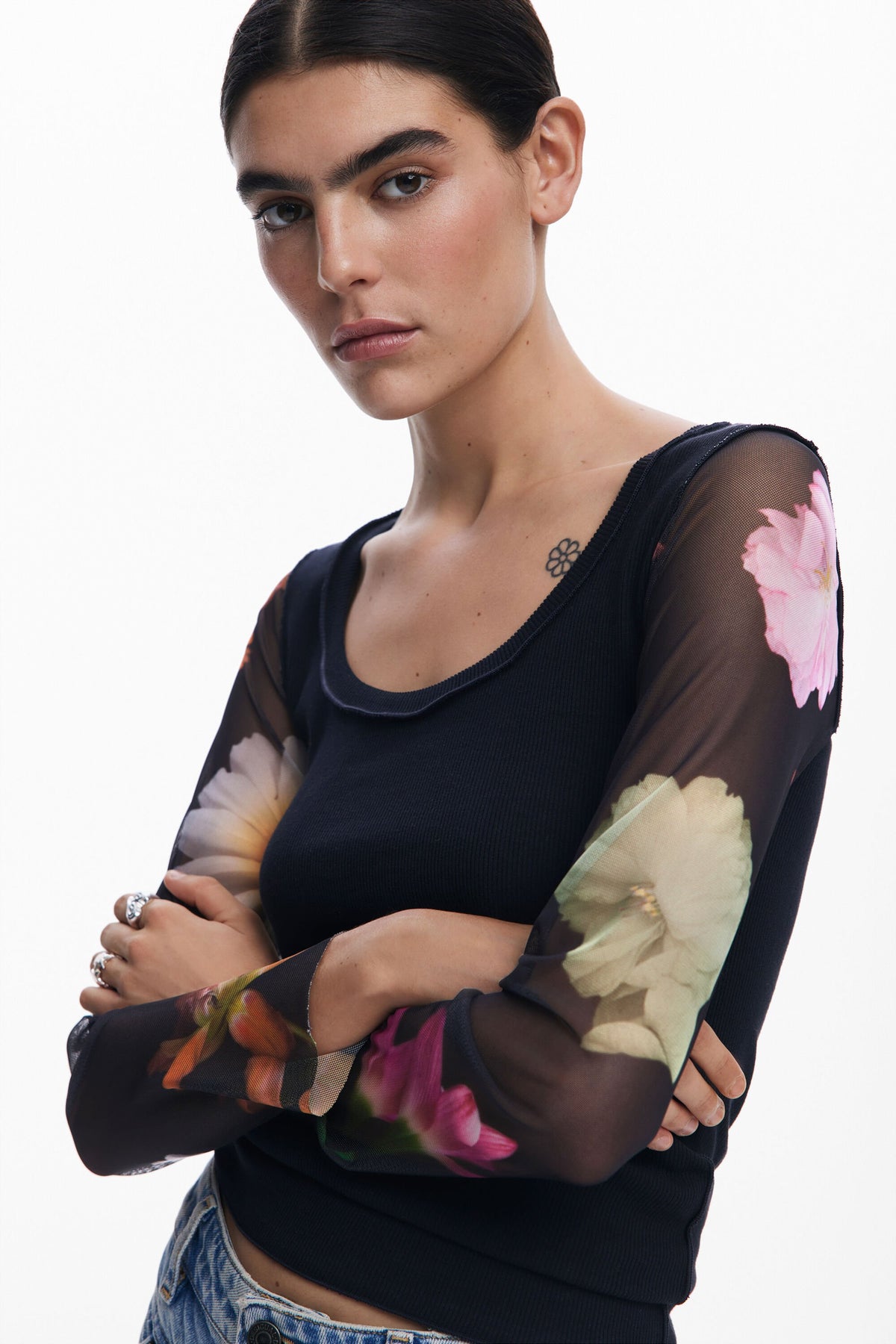 Desigual Flint Floral Mesh Sleeve Top