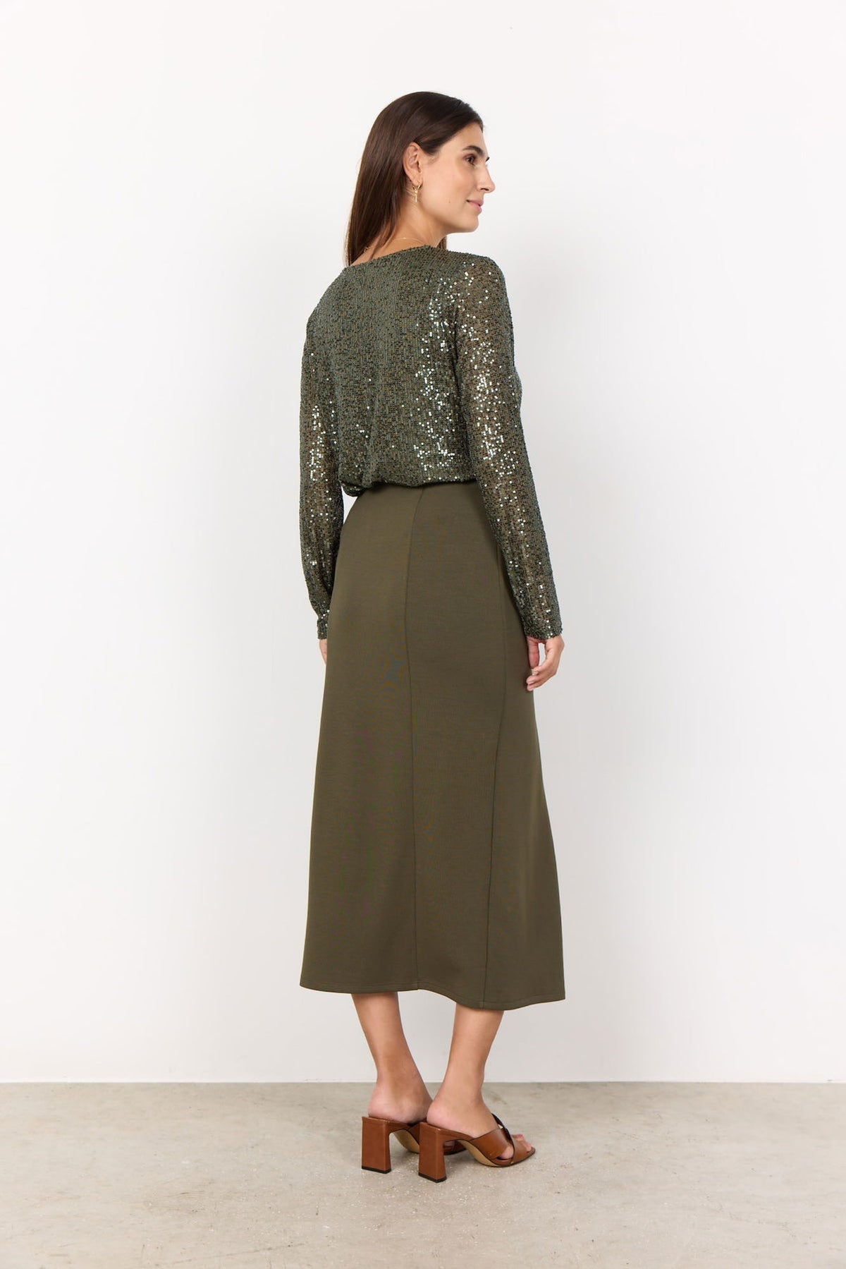 Soya Concept Nanett Sequin Long Sleeve Top in Dark Army