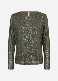 Soya Concept Nanett Sequin Long Sleeve Top in Dark Army