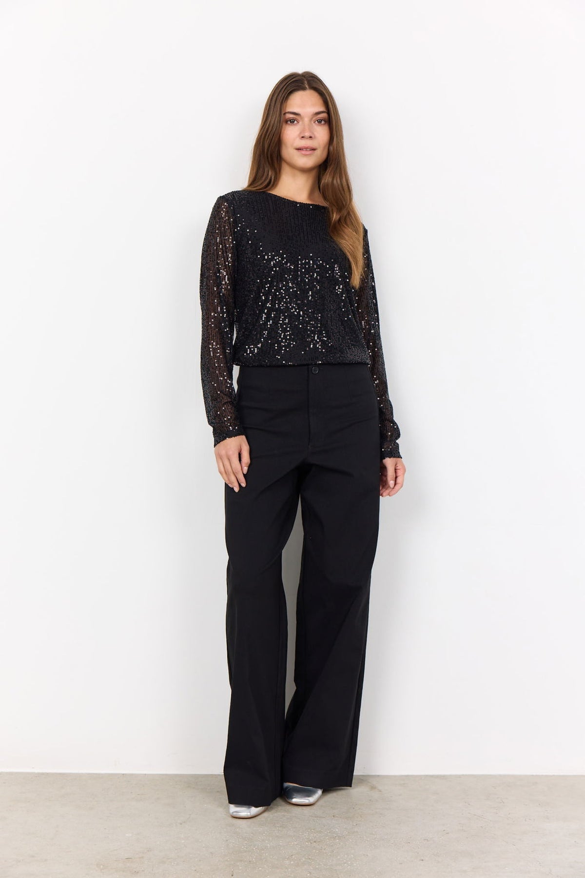 Soya Concept Nanett Sequin Long Sleeve Top in Black