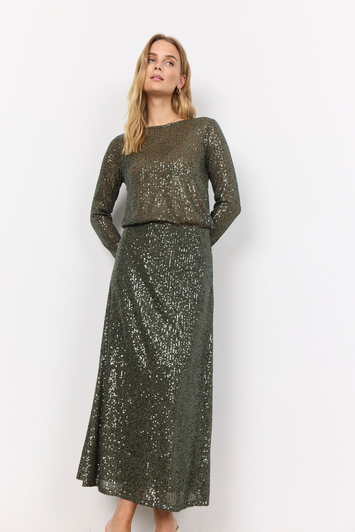 Soya Concept Nanett Sequin A-Line Long Skirt in Dark Army