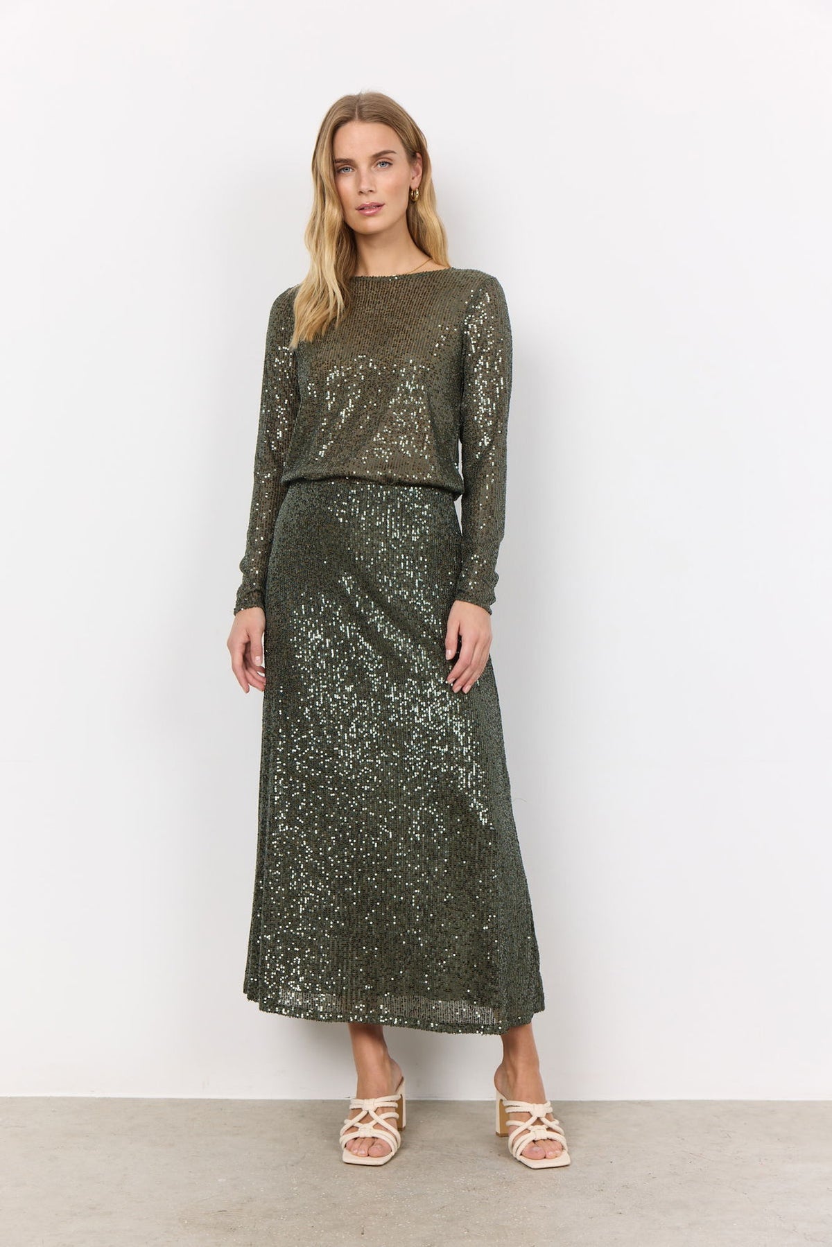 Soya Concept Nanett Sequin A-Line Long Skirt in Dark Army