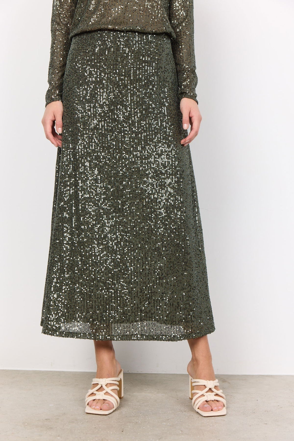 Soya Concept Nanett Sequin A-Line Long Skirt in Dark Army