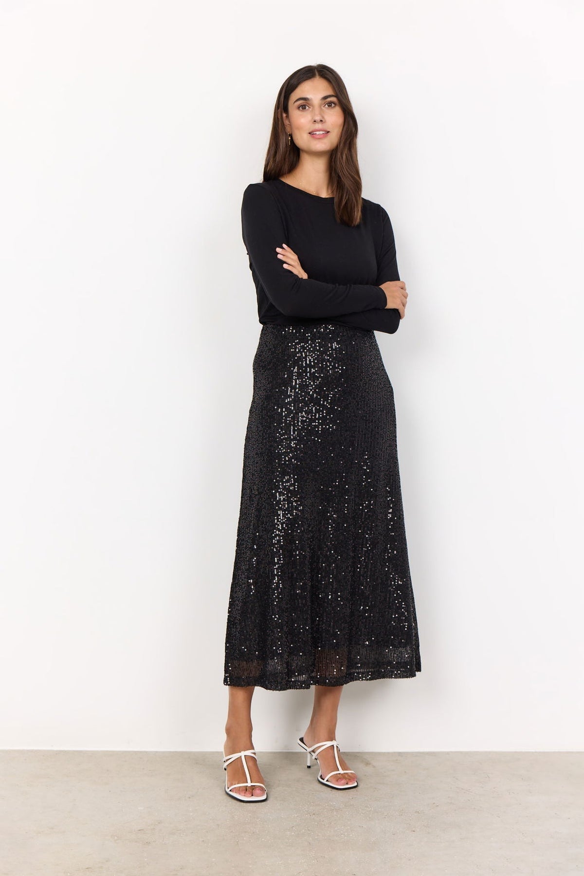 Soya Concept Nanett Sequin A-Line Long Skirt in Black