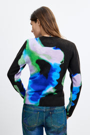 long sleeve pullover with an abstract water color in black, blue, green, and white with a crew neckline. 