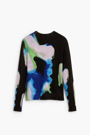 long sleeve pullover with an abstract water color in black, blue, green, and white with a crew neckline. 