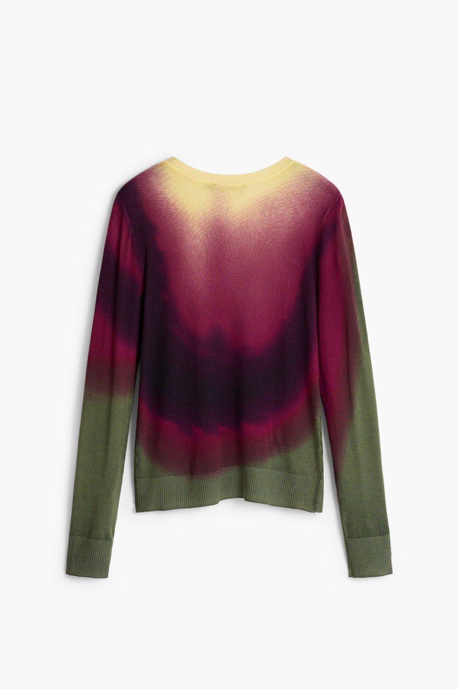 long sleeve lightweight knit sweater featuring an Ombre tie-dye print in pink, green, black, and yellow with a classic crew neckline
