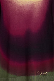 long sleeve lightweight knit sweater featuring an Ombre tie-dye print in pink, green, black, and yellow with a classic crew neckline
