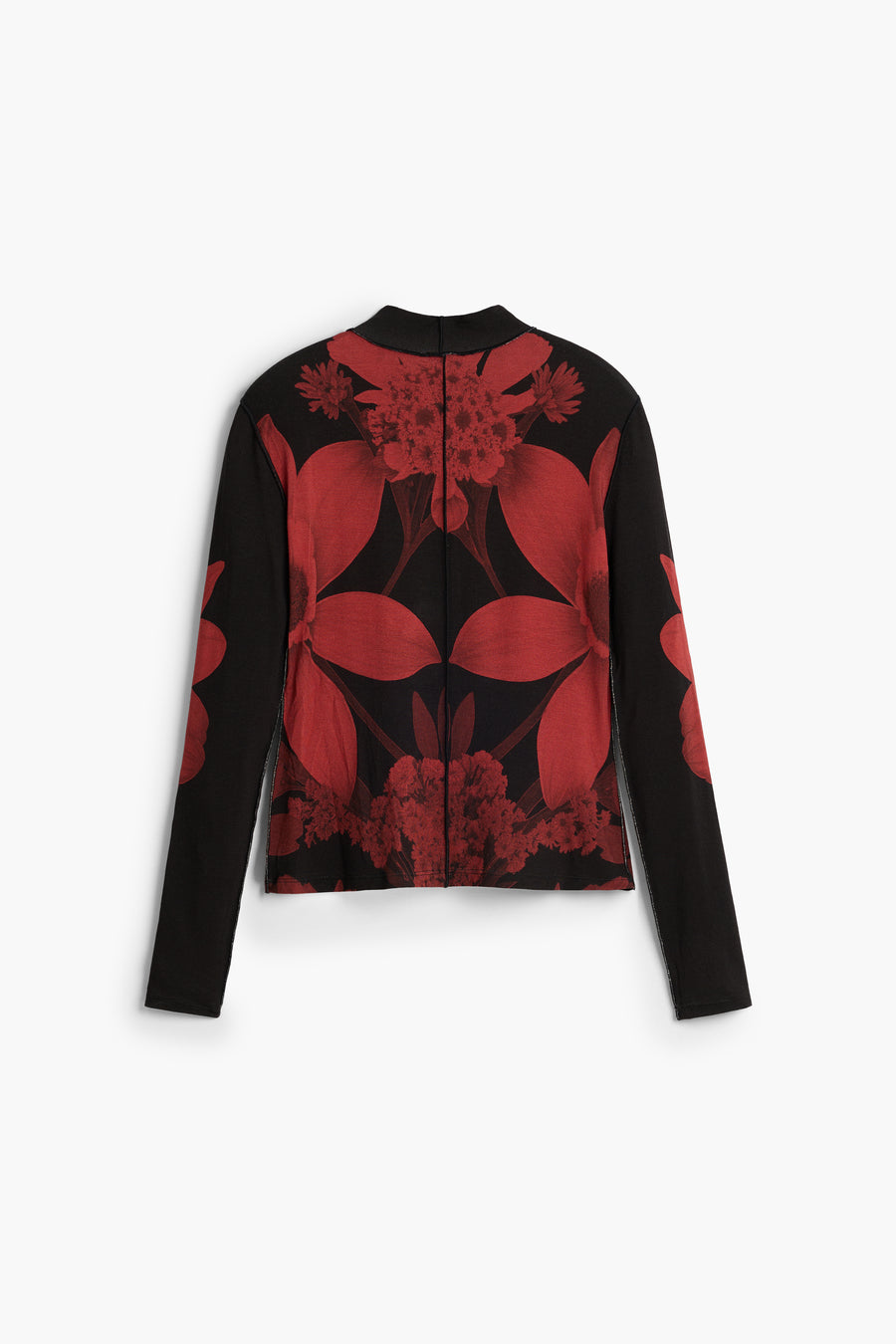 black sheer long sleeve top with red floral designs