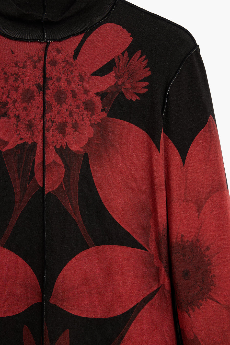 black sheer long sleeve top with red floral designs