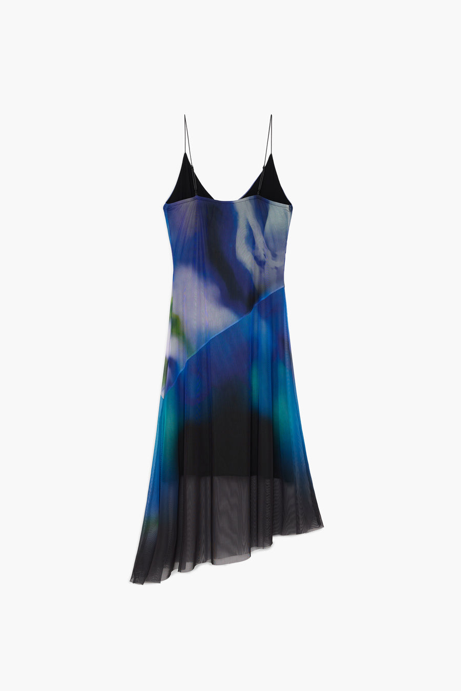 blue watercolor midi slip dress featuring a v-neckline, spaghetti straps, and a sheer mesh asymmetrical hem