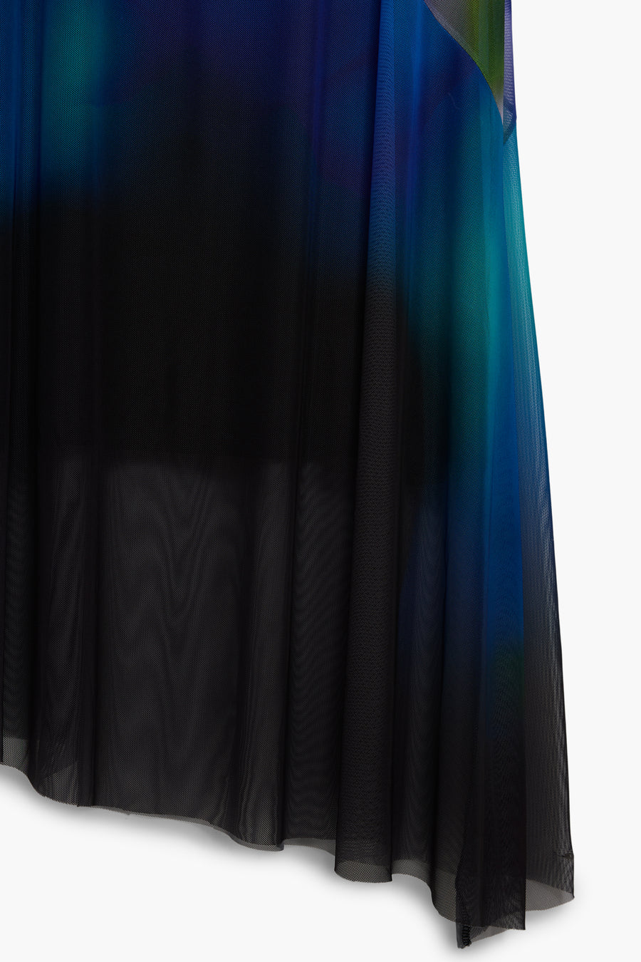 blue watercolor midi slip dress featuring a v-neckline, spaghetti straps, and a sheer mesh asymmetrical hem