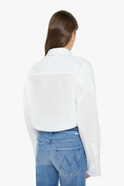 back view of cropped white button up collared shirt with a side pocket