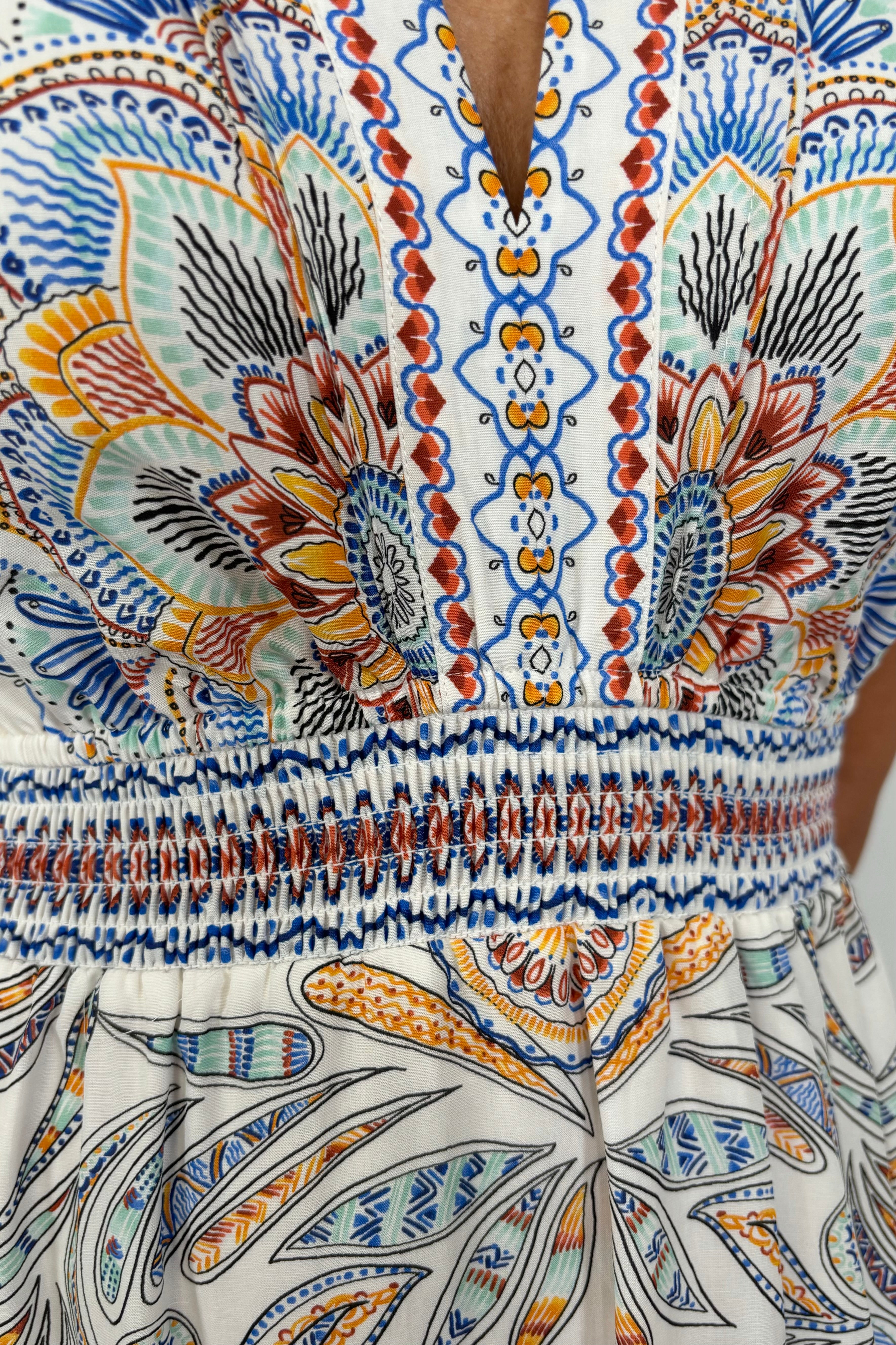 zoom into the neckline of a woman wearing white sleeveless midi dress with a blue, red and orange pattern