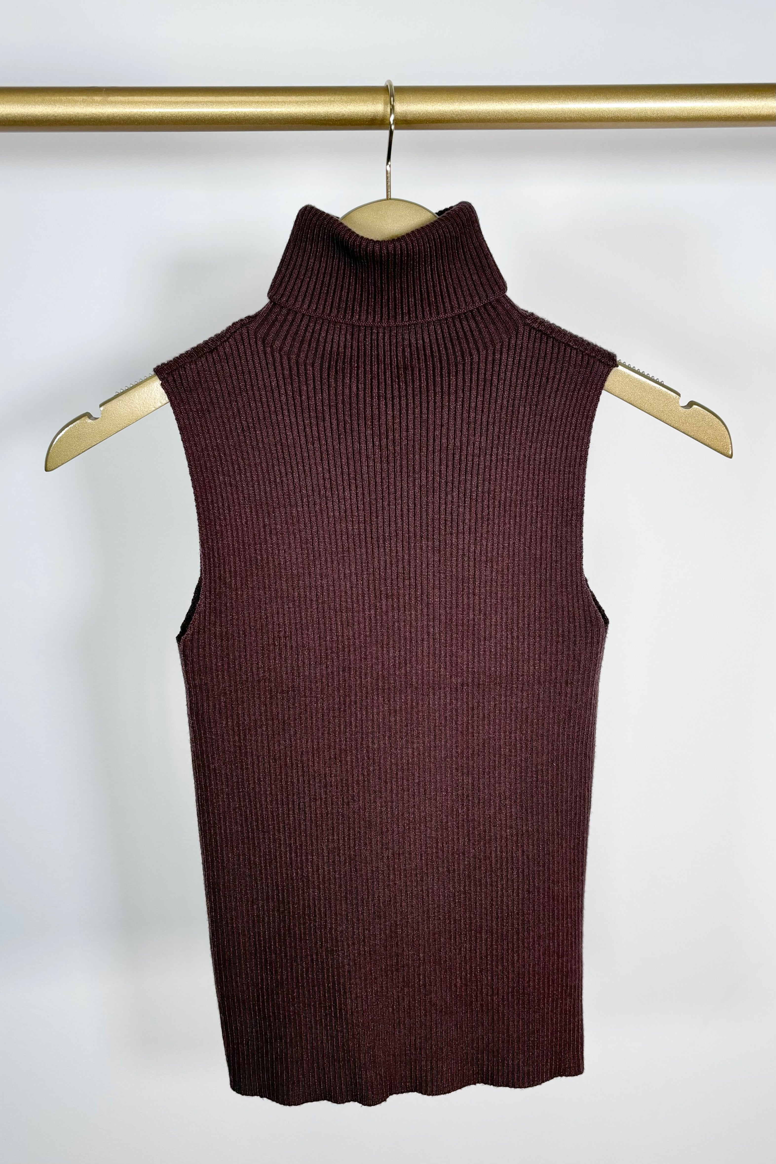 Front view of a cool brown turtleneck knit tank top