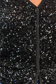 close-up of a snap on black sequin cardigan