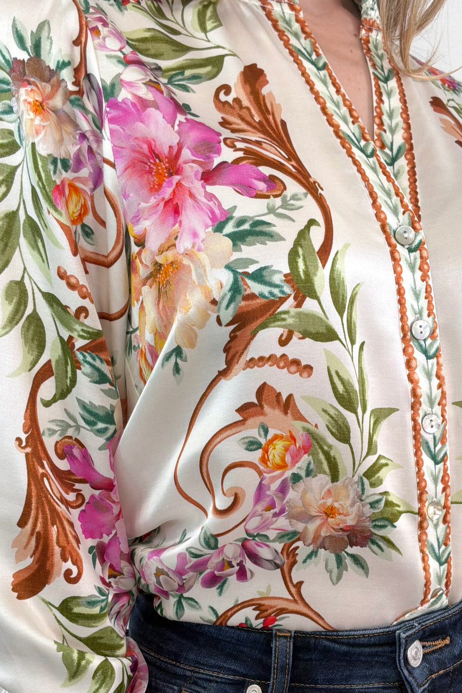 Close-up of  an ivory regency printed button down shirt