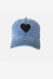 Denim baseball hat with black embroidered heart detail 